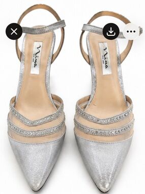 Nina Silver Glitter Pointed Toe Strappy Sandals, Kitten Heels